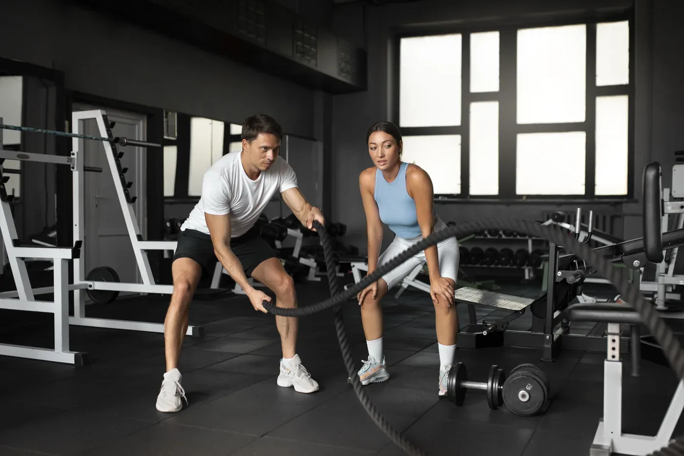 Certified personal trainer guiding a member through a battle rope exercise at Muscle Garage